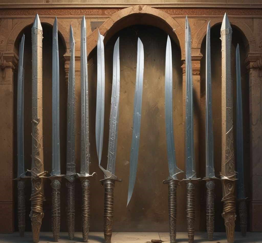 Detailed close-up of ancient swords showcasing intricate craftsmanship and historic blade designs, symbolizing centuries of sword-making tradition.