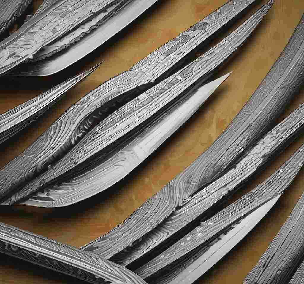 Close-up of a Damascus steel knife showcasing its unique patterns and craftsmanship.