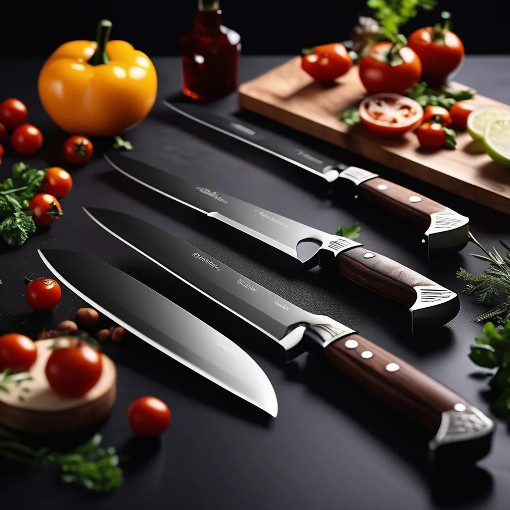 "Close-up of high-quality culinary knives, showcasing sleek designs and sharp blades crafted for precision in the kitchen."