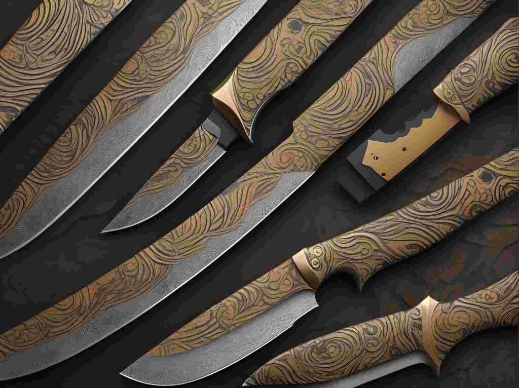 Damascus knife showcasing its unique, wavy patterns created through layered steel, highlighting its craftsmanship and precision.