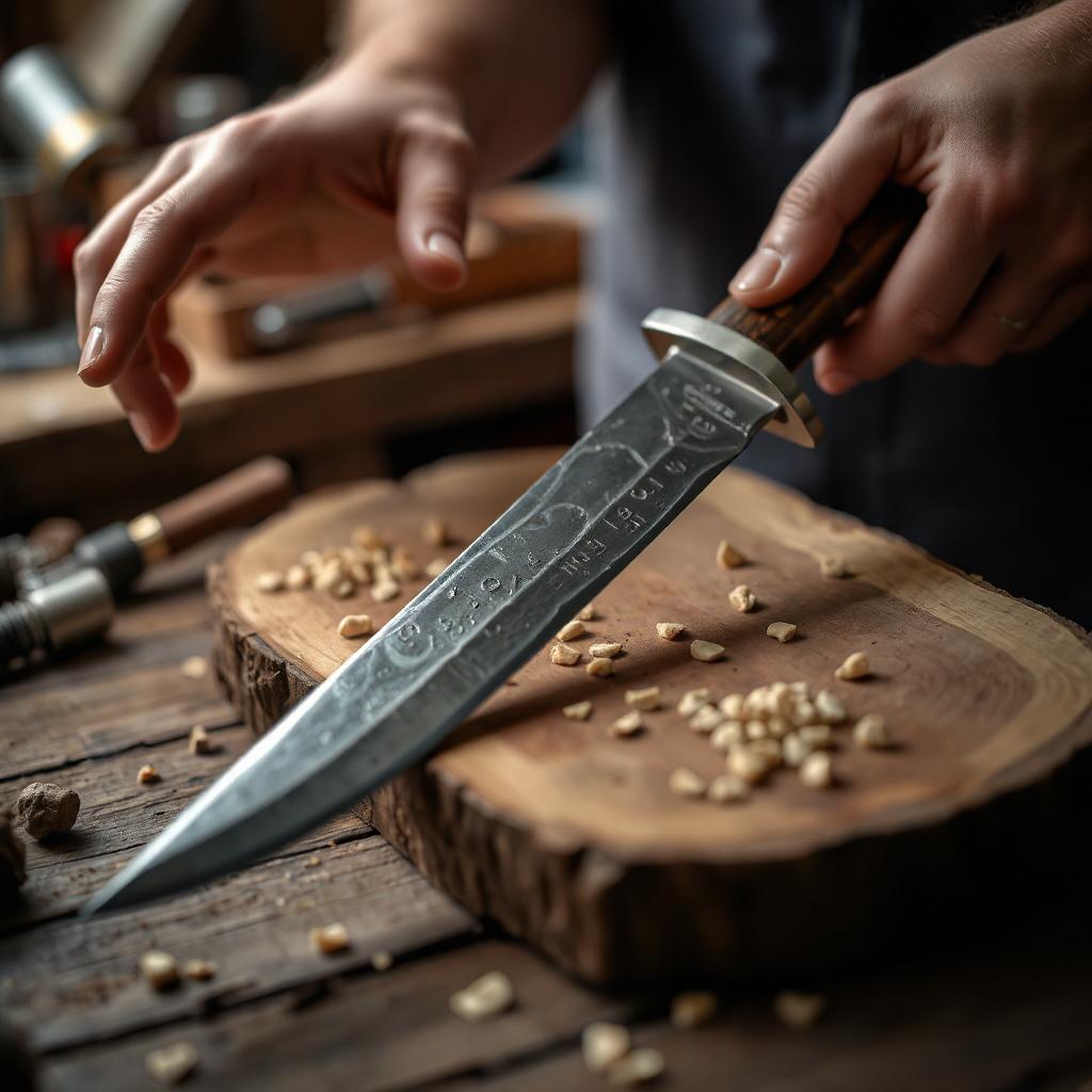 A close-up of a skilled artisan sharpening a Damascus knife, showcasing the importance of proper maintenance for longevity and optimal performance in the kitchen.