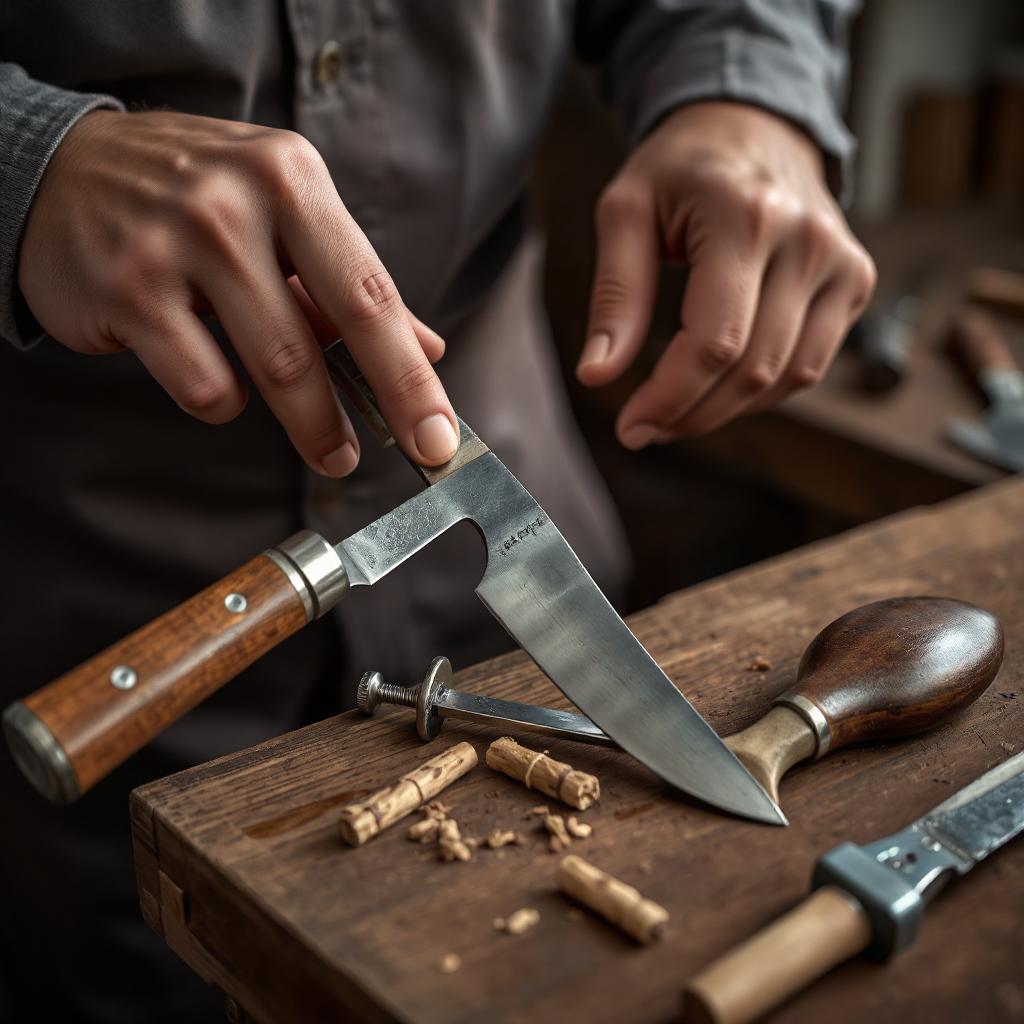 Repairing a Damascus knife to restore its edge and functionality.