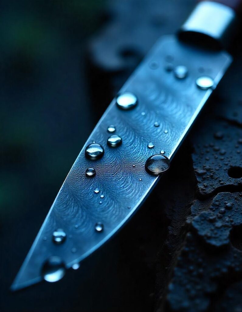 Detailed view of the raindrop pattern on a Damascus blade, illustrating its distinctive and elegant design.