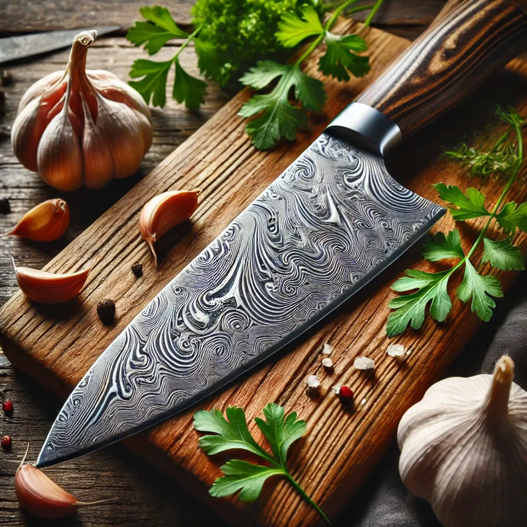 This is a close up view of Master Chef Knife blade with several flowing lines demonstrating its sharpness and the knife’s design